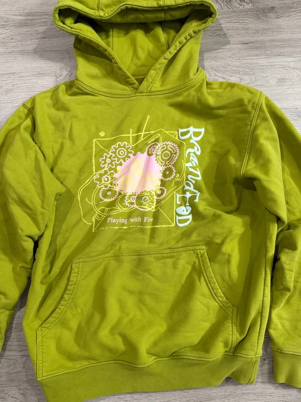 Brain Dead Playing With Fire Olive Green Graphic Hoodie Sweatshirt Small